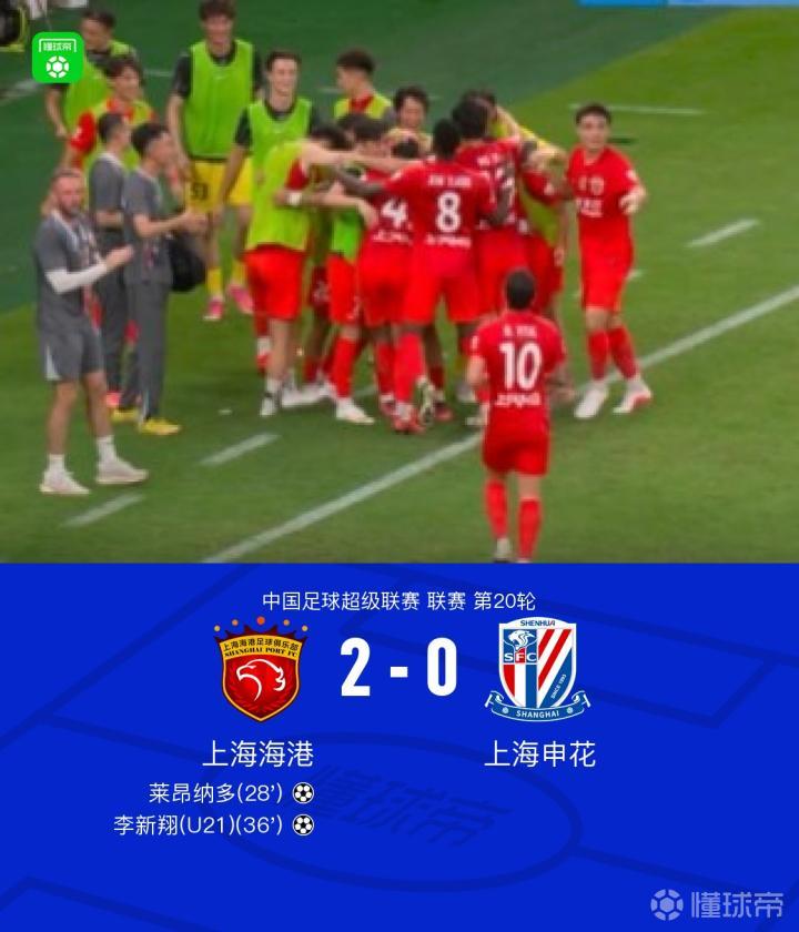 海港2-0完胜申花,莱昂纳多建功,李新翔破门